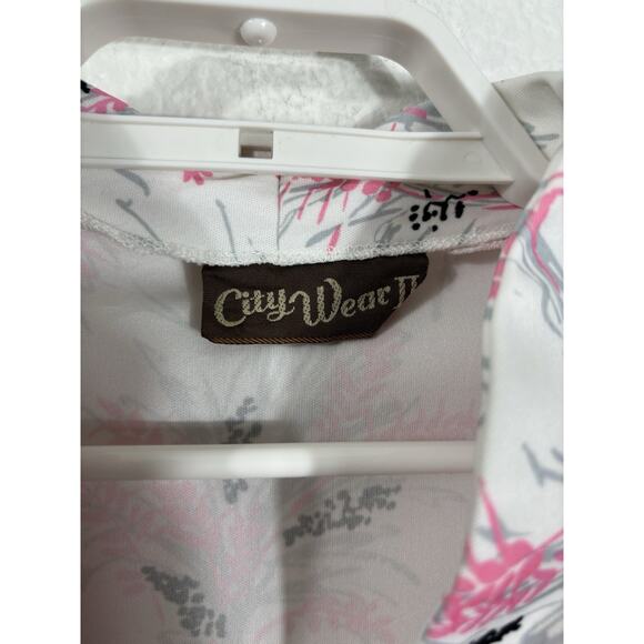 Vintage 80s Top Size M Pink Floral Short Sleeve Polyester Button Up - Picture 6 of 10